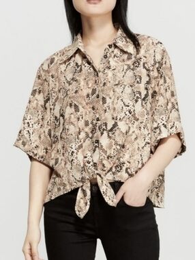 Sanctuary Modern Life Snakeskin Print Tie Front Blouse Sz Large Brown